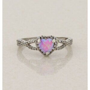 Sterling Silver Lab Created Opal Heart and Cubic Zirconia Ring Size 9